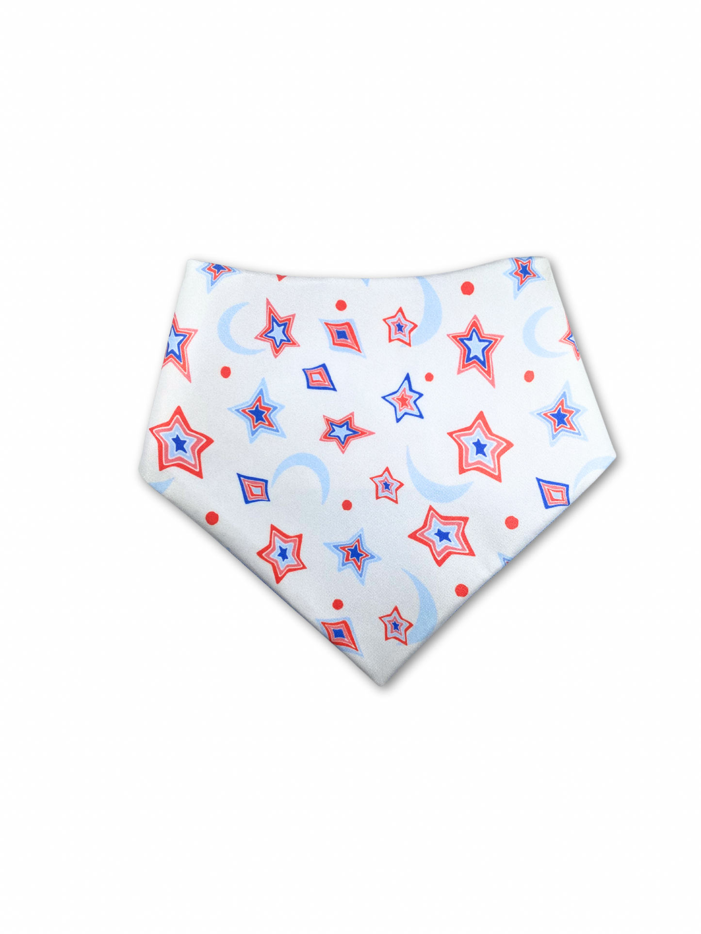 Red, white, and blue overall-shaped dog bandana, perfect for Memorial Day celebrations. This bandana features a festive star print, adding a touch of Americana to your pet's patriotic look.