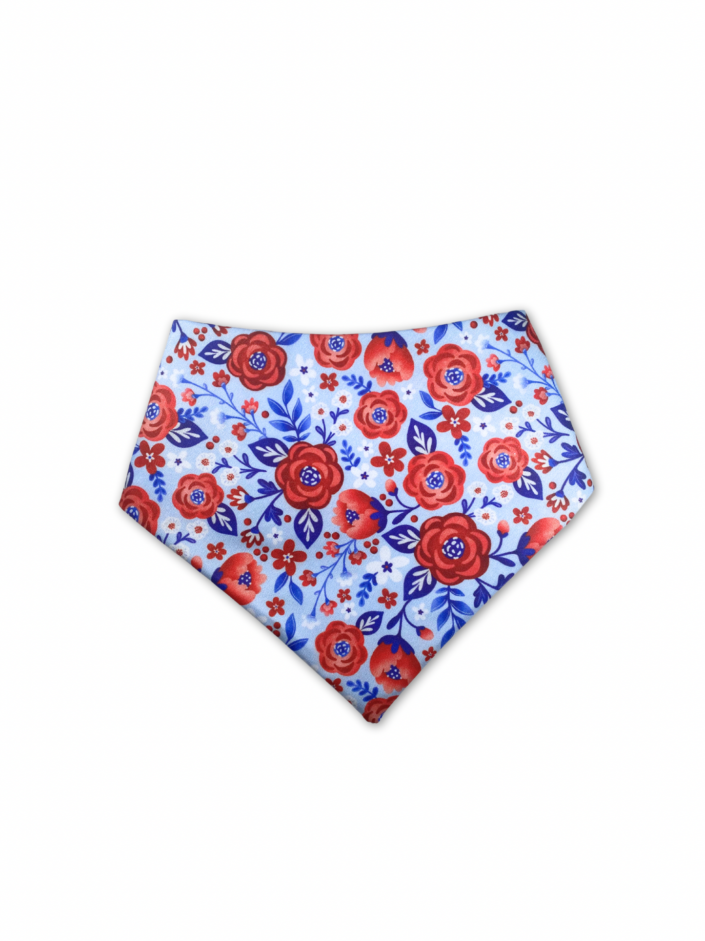 Memorial Day floral dog bandana, featuring a vibrant print with red, white, and blue blooms. This bandana is the perfect way to add a touch of patriotic style to your pup's wardrobe and celebrate the holiday in style.
