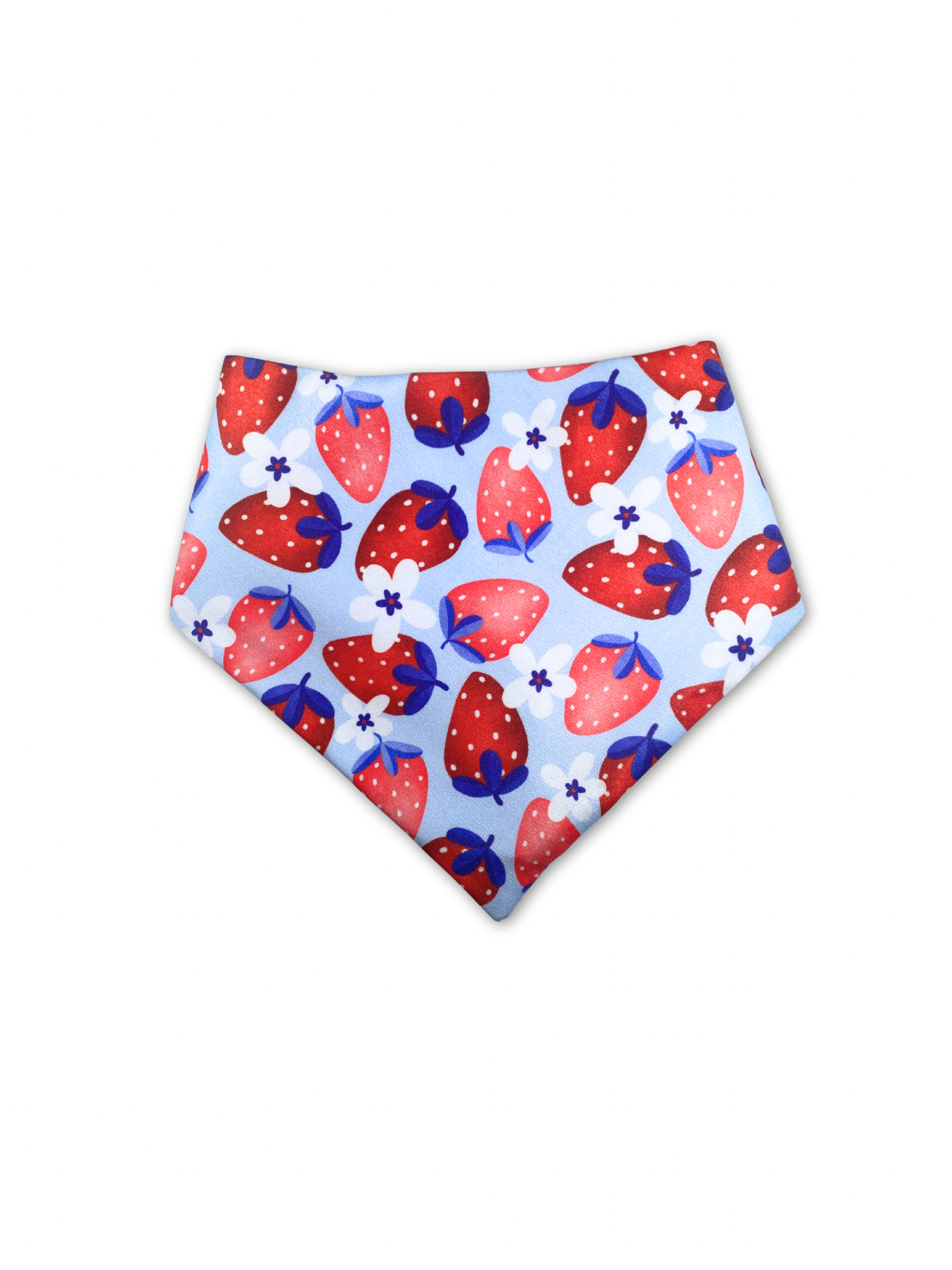 Festive strawberry print dog bandana in Memorial Day colors, featuring red, white, and blue hues. This bandana is paw-fect for patriotic pooches and will make your furry friend the star of any summer celebration.