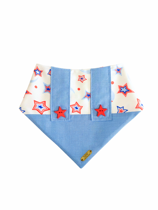 Red, white, and blue overall-shaped dog bandana, perfect for Memorial Day celebrations. This bandana features a festive star print, adding a touch of Americana to your pet's patriotic look.